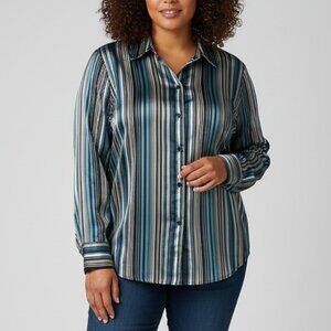 Striped Blouse Long Sleeve Button Front Mantles Blue Green…